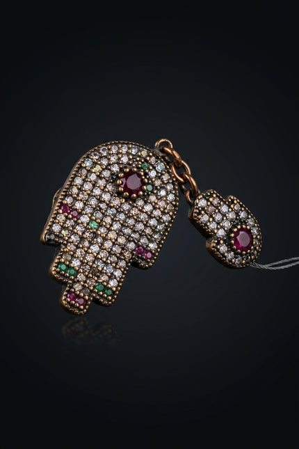 Brooch - Bronze_Tone|Red|Green|Clear hamsa_hand|round - angle