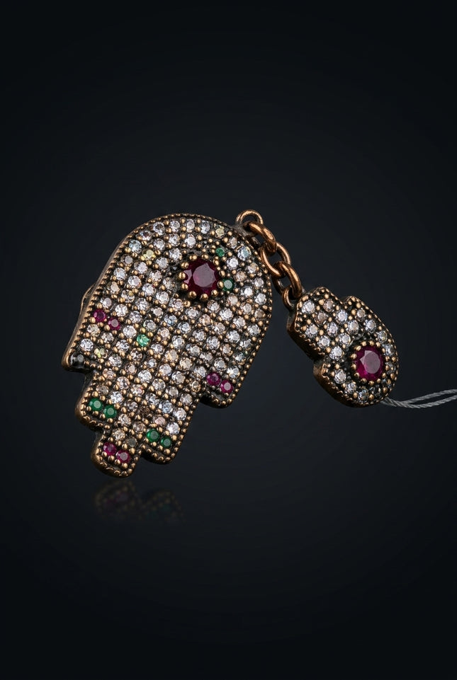 Brooch - Bronze_Tone|Red|Green|Clear hamsa_hand|round - angle