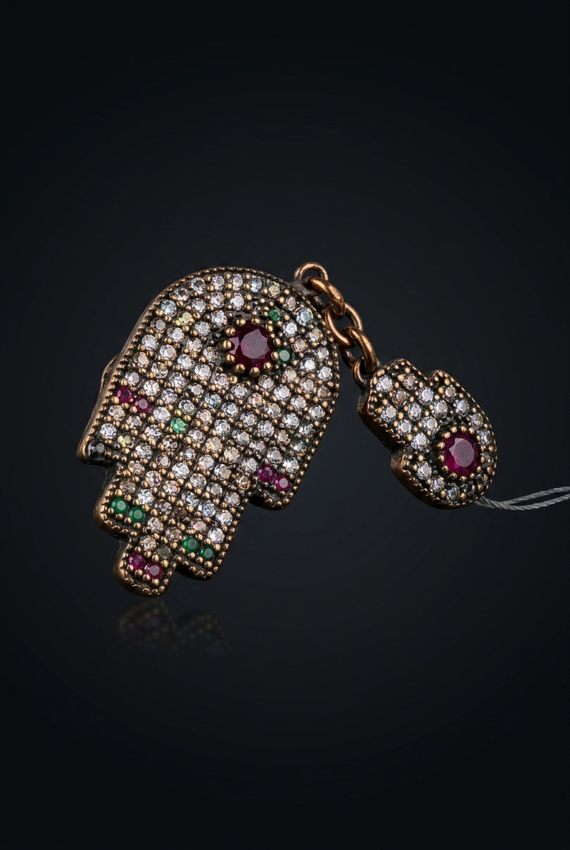 Brooch - Bronze_Tone|Red|Green|Clear hamsa_hand|round - angle