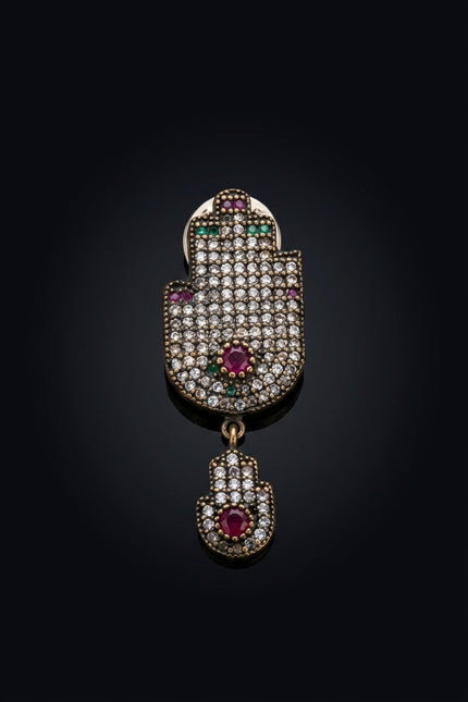 Brooch - Bronze_Tone|Red|Green|Clear hamsa_hand|round - front