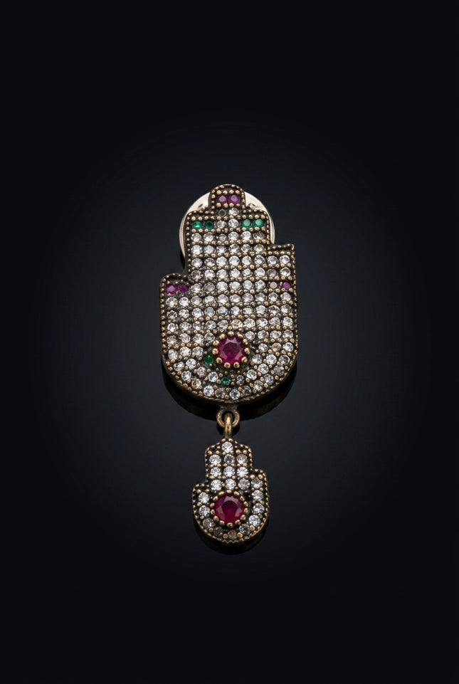 Brooch - Bronze_Tone|Red|Green|Clear hamsa_hand|round - front
