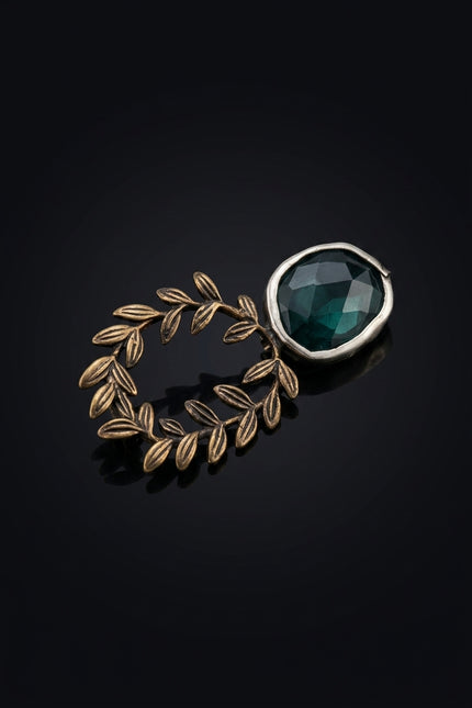 Brooch - Bronze, Dark Teal leaf wreath, oval stone - angle