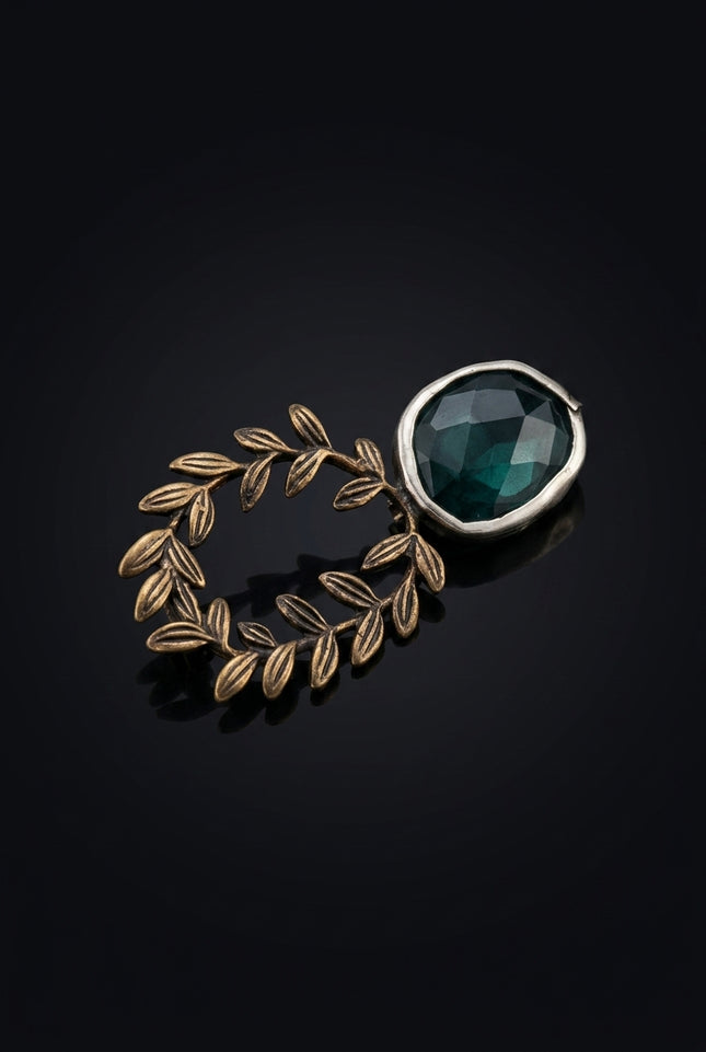 Brooch - Bronze, Dark Teal leaf wreath, oval stone - angle