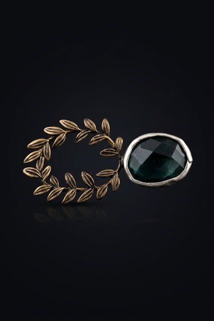 Brooch - Bronze, Dark Teal leaf wreath, oval stone - front