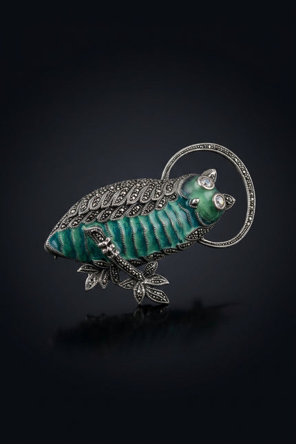 Brooch - Turquoise, Silver, Black lizard - angle