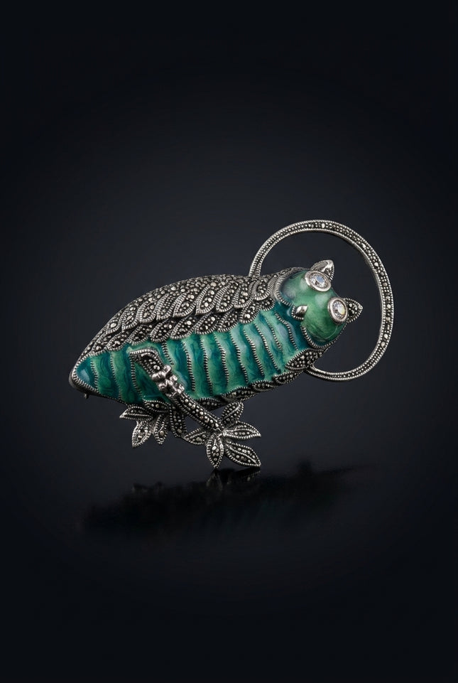 Brooch - Turquoise, Silver, Black lizard - angle