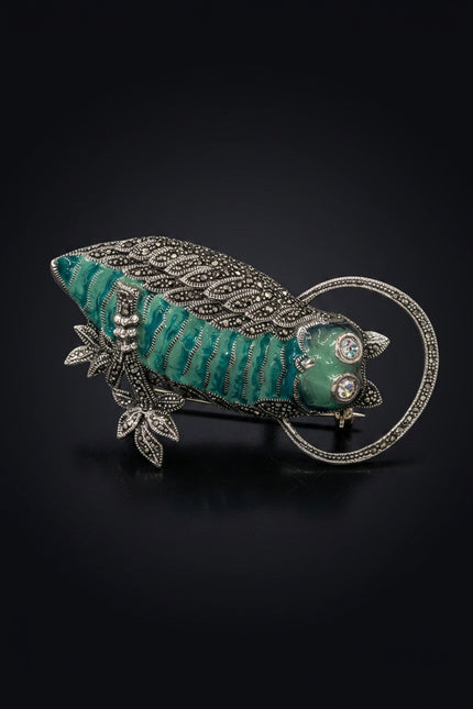 Brooch - Turquoise, Silver, Black lizard - front