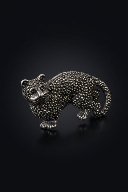 Brooch - Silver, Black Feline animal - angle