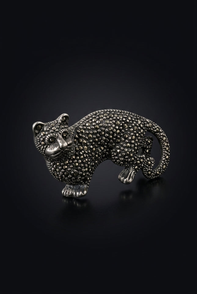 Brooch - Silver, Black Feline animal - angle