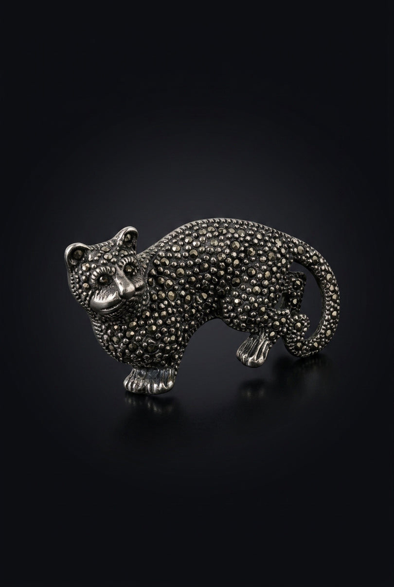 Brooch - Silver, Black Feline animal - angle