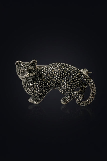 Brooch - Silver, Black Feline animal - front