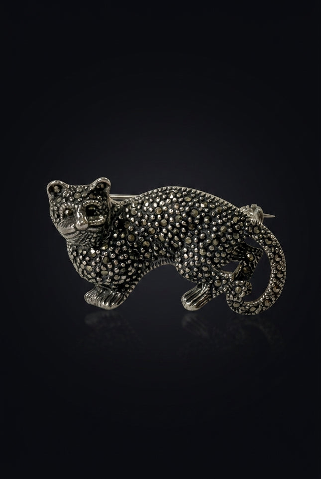 Brooch - Silver, Black Feline animal - front