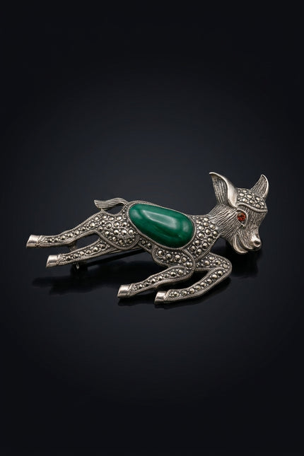 Brooch - Silver, Green, Amber leaping deer - angle