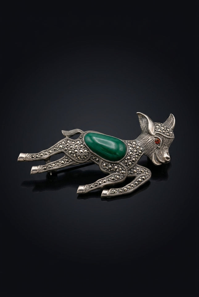 Brooch - Silver, Green, Amber leaping deer - angle