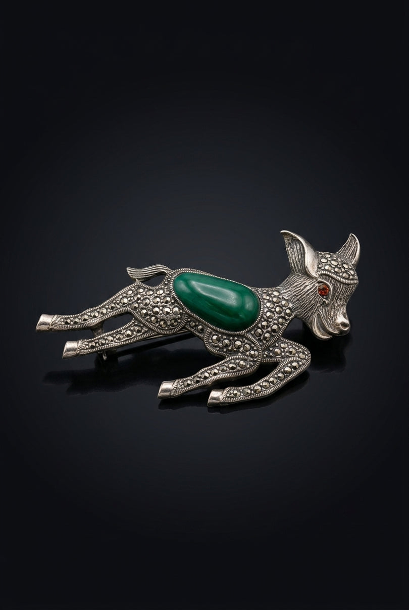 Brooch - Silver, Green, Amber leaping deer - angle