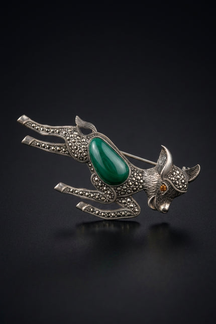 Brooch - Silver, Green, Amber leaping deer - front