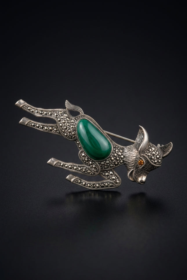Brooch - Silver, Green, Amber leaping deer - front