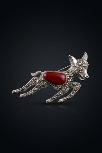 Brooch - Silver_Red_Dark_Grey running_donkey_animal - angle