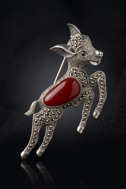 Brooch - Silver_Red_Dark_Grey running_donkey_animal - front