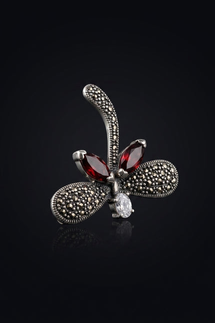 Brooch - Silver, Red Abstract floral - angle