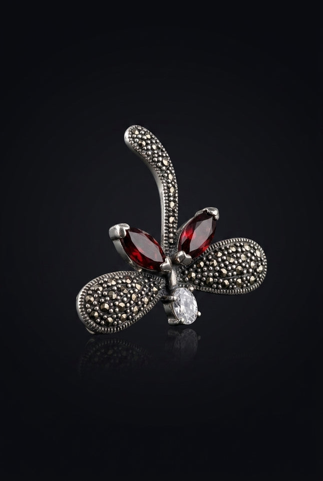 Brooch - Silver, Red Abstract floral - angle