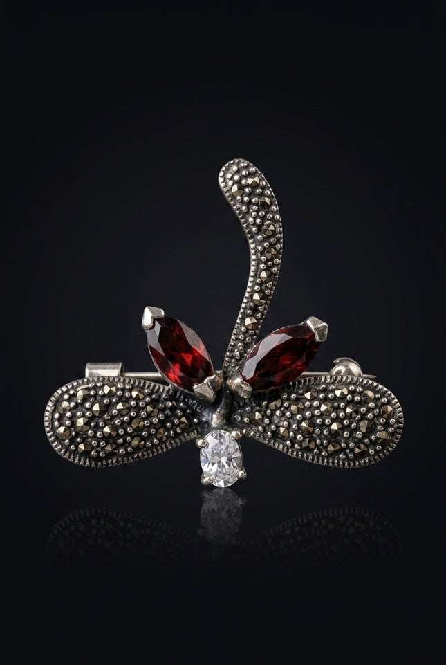 Brooch - Silver, Red Abstract floral - front