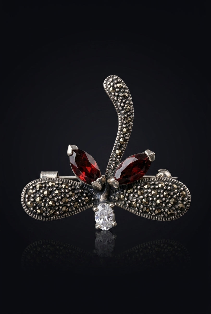 Brooch - Silver, Red Abstract floral - front