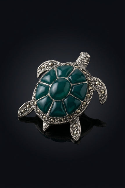 Brooch - Silver, Teal turtle - angle
