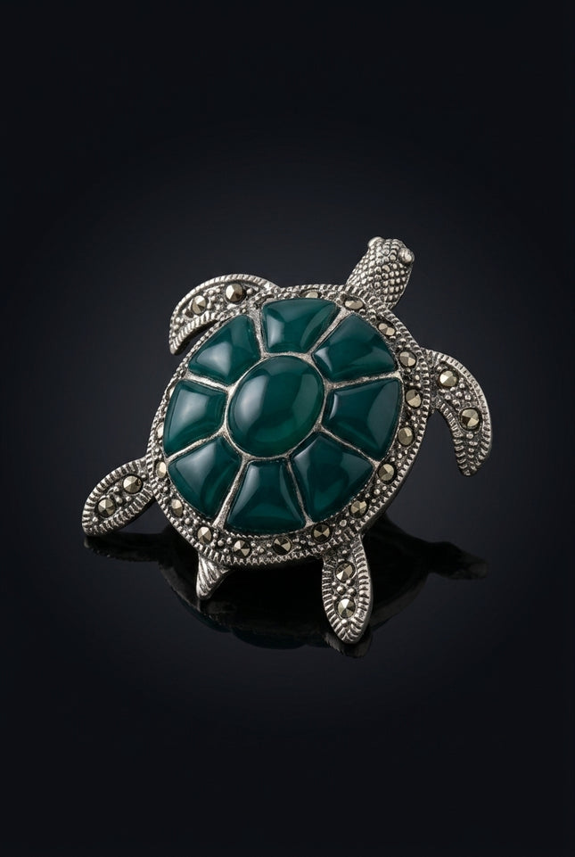 Brooch - Silver, Teal turtle - angle