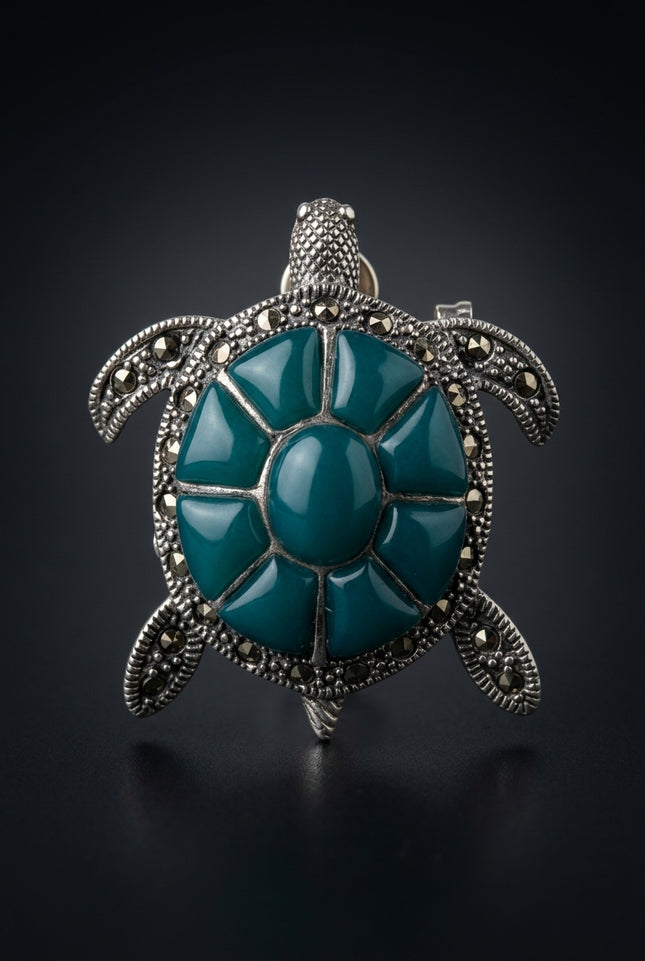 Brooch - Silver, Teal turtle - front