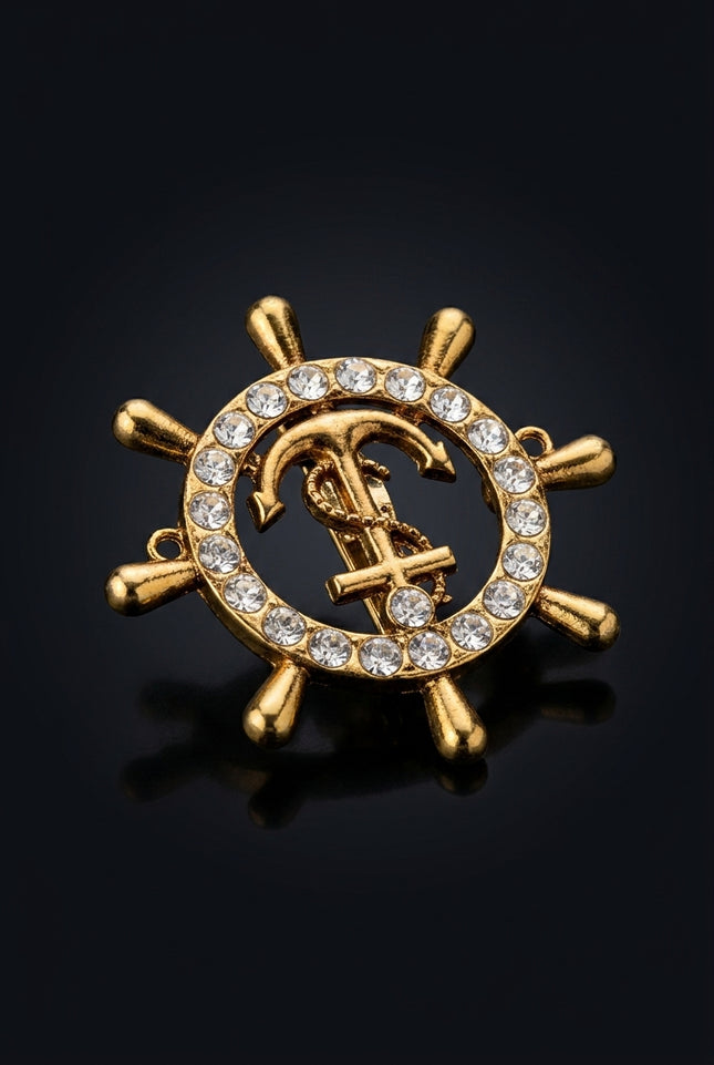 Brooch - Gold circular ship wheel with anchor - angle