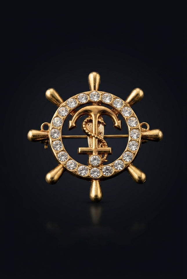 Brooch - Gold circular ship wheel with anchor - front