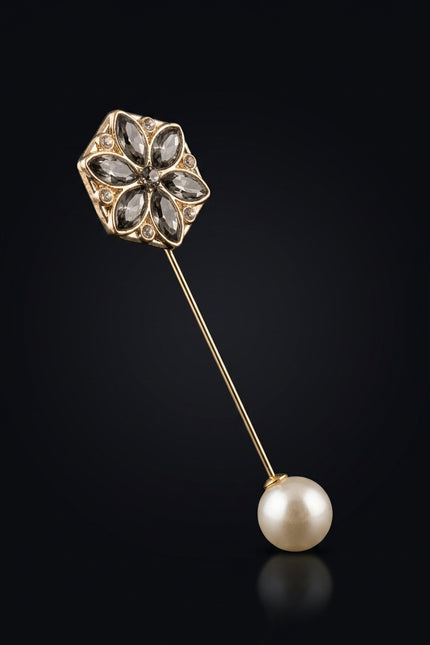 Brooch - Gold, Clear, Pearl octagonal floral with pearl drop - angle