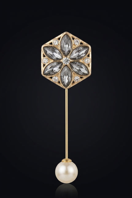 Brooch - Gold, Clear, Pearl octagonal floral with pearl drop - front