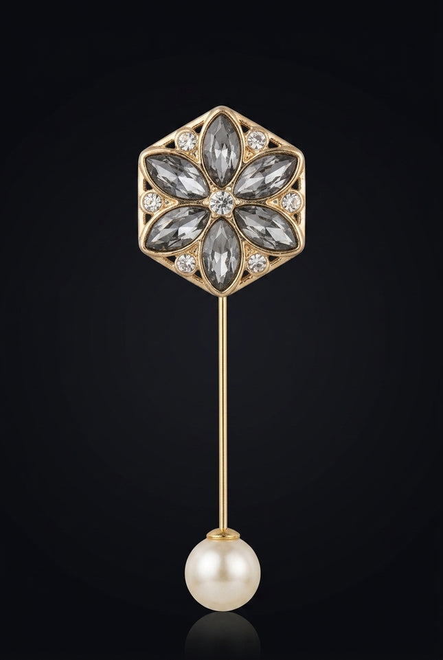 Brooch - Gold, Clear, Pearl octagonal floral with pearl drop - front