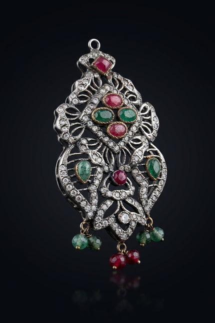 Brooch - Silver, Red, Green ornate, elongated - angle