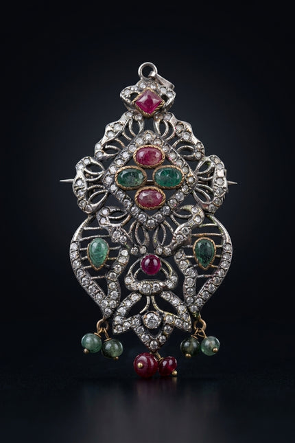 Brooch - Silver, Red, Green ornate, elongated - front