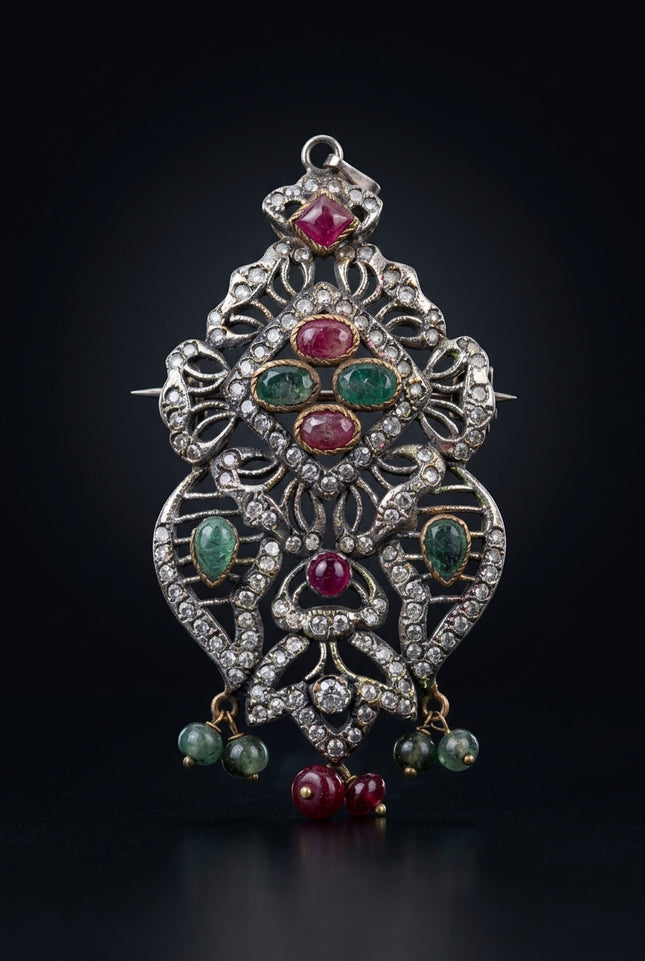 Brooch - Silver, Red, Green ornate, elongated - front