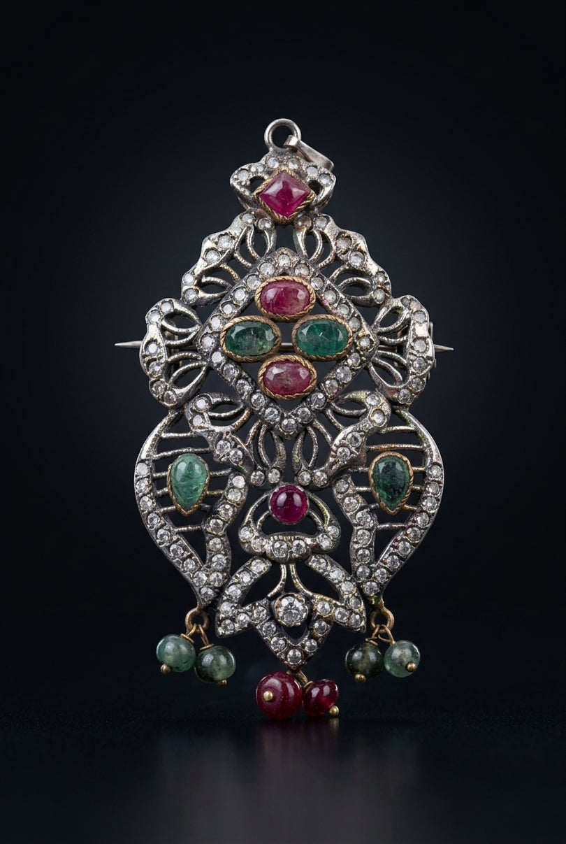 Brooch - Silver, Red, Green ornate, elongated - front