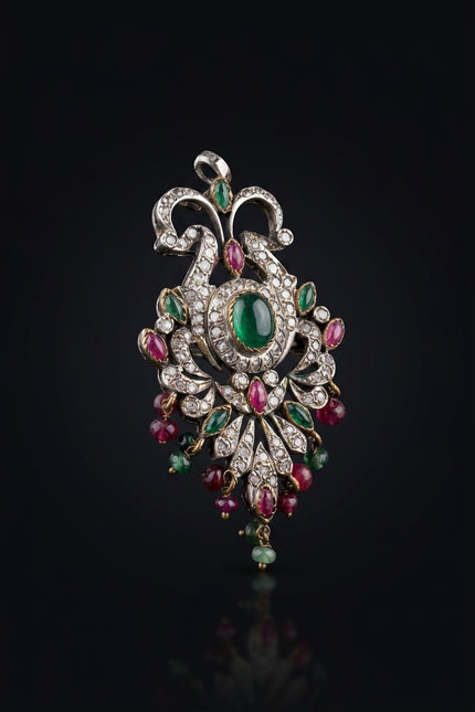 Brooch - Silver, Green, Red, Clear ornate floral drop - angle