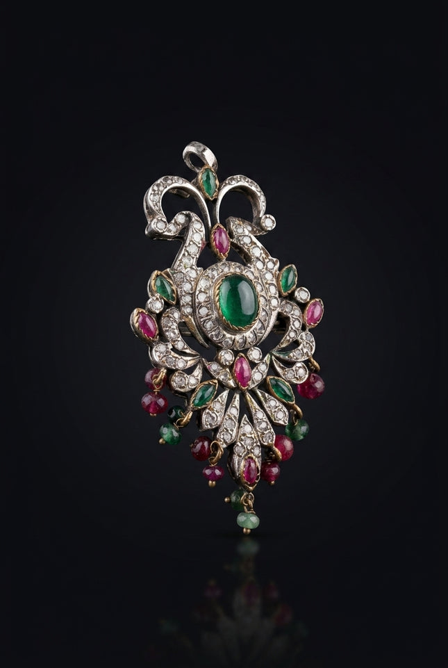 Brooch - Silver, Green, Red, Clear ornate floral drop - angle