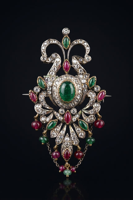 Brooch - Silver, Green, Red, Clear ornate floral drop - front