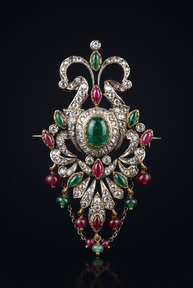 Brooch - Silver, Green, Red, Clear ornate floral drop - front