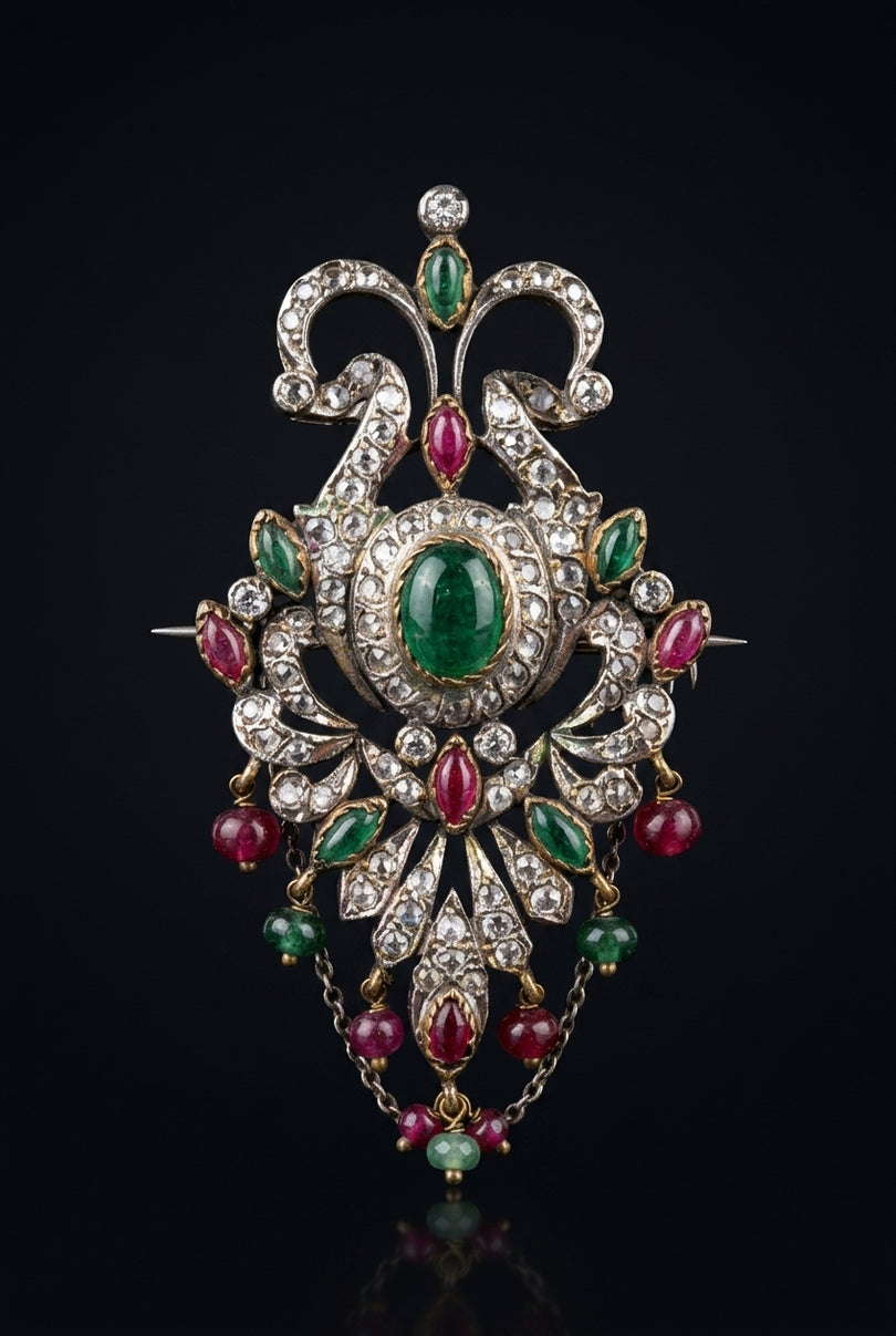 Brooch - Silver, Green, Red, Clear ornate floral drop - front