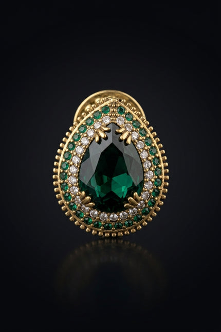 Brooch - Green_Gold_White teardrop - front