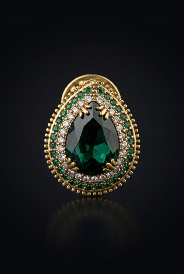 Brooch - Green_Gold_White teardrop - front