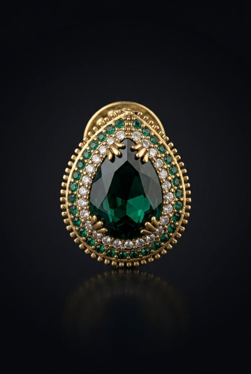 Brooch - Green_Gold_White teardrop - front