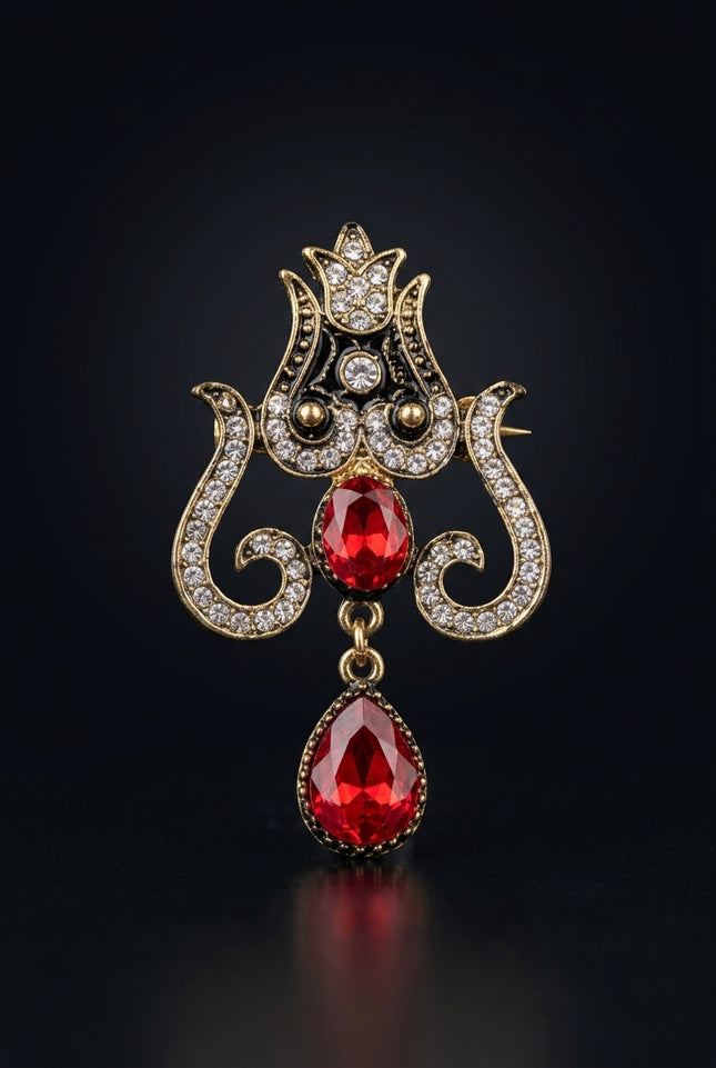 Brooch - Gold, Black, Red, Clear ornate crest with drops - front