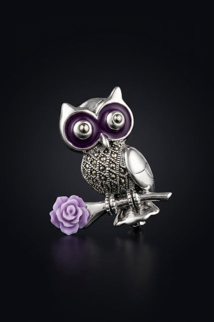 Brooch - Silver, Purple owl with rose - angle