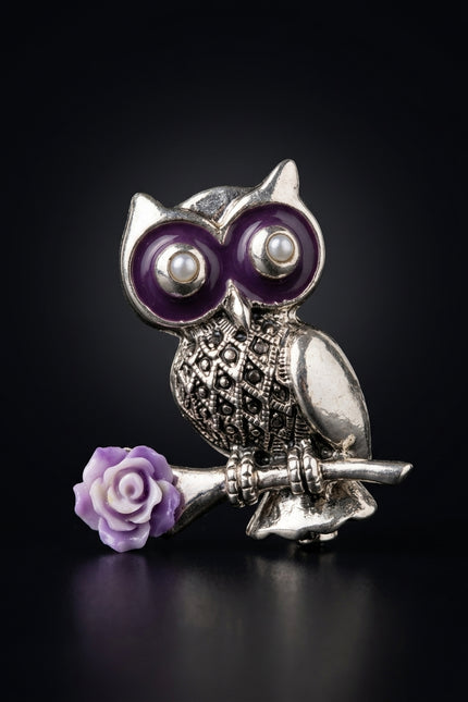 Brooch - Silver, Purple owl with rose - front